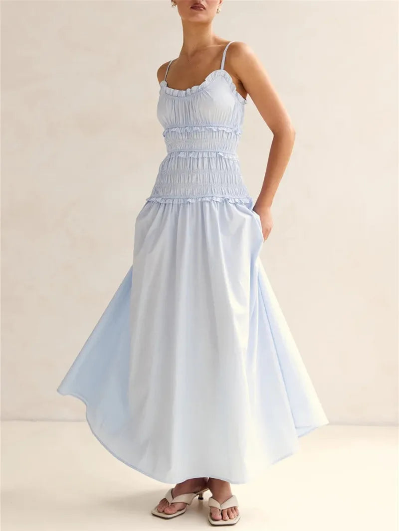 Women's light blue smocked and maxi dress, perfect for summer outings