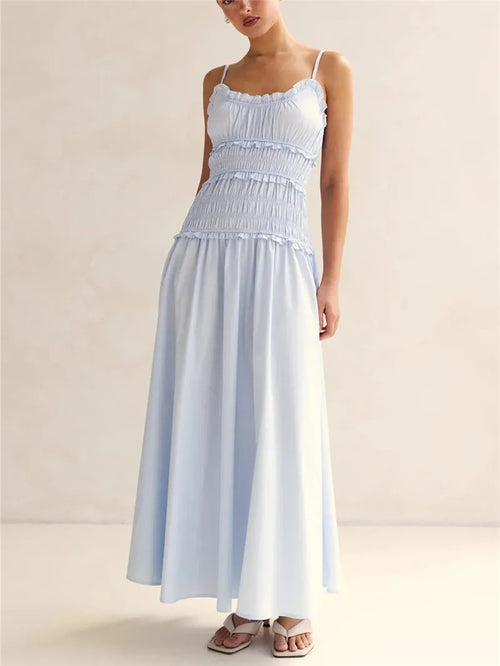 Women's light blue smocked maxi dress for summer outings