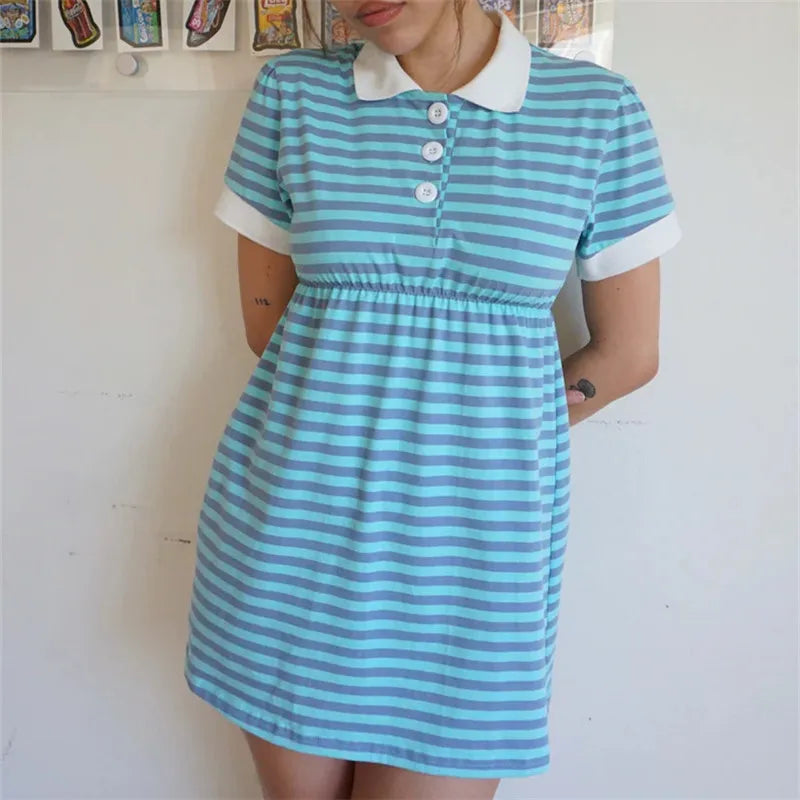 Women's blue striped dress for the summer with a collar