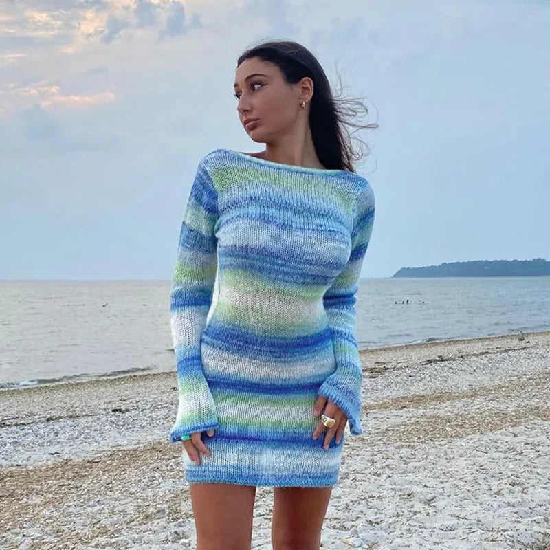 Women's blue striped dress for the summer, perfect for beach outings