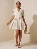 Light beige button-up dress for the summer, perfect for casual outings