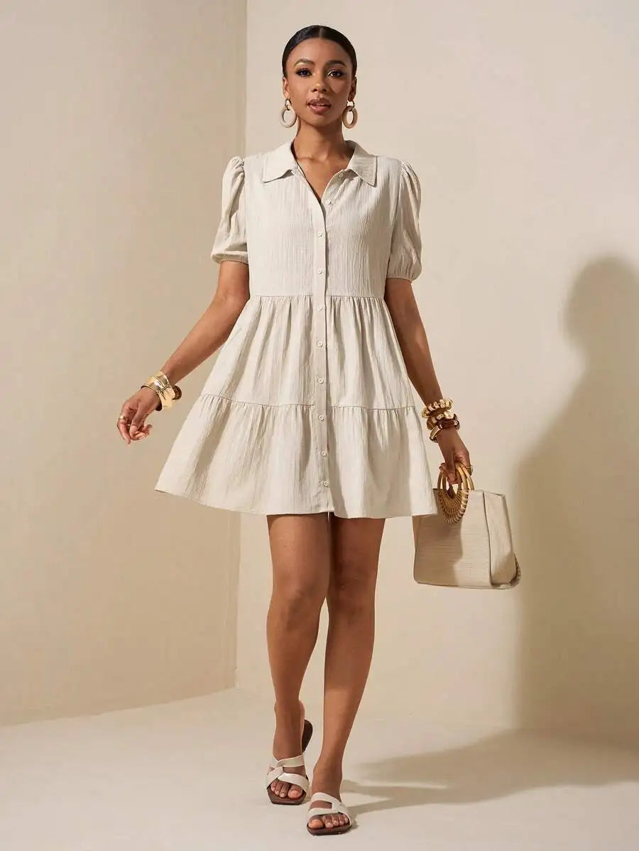 Light beige button-up dress for the summer, perfect for casual outings