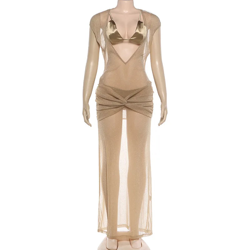 Women's sheer gold beach cover-up dress for the summer