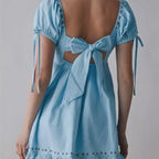 Light blue cotton women's dress for the summer with back bow tie detail