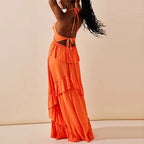 Women's orange maxi dress for the summer with layered ruffles