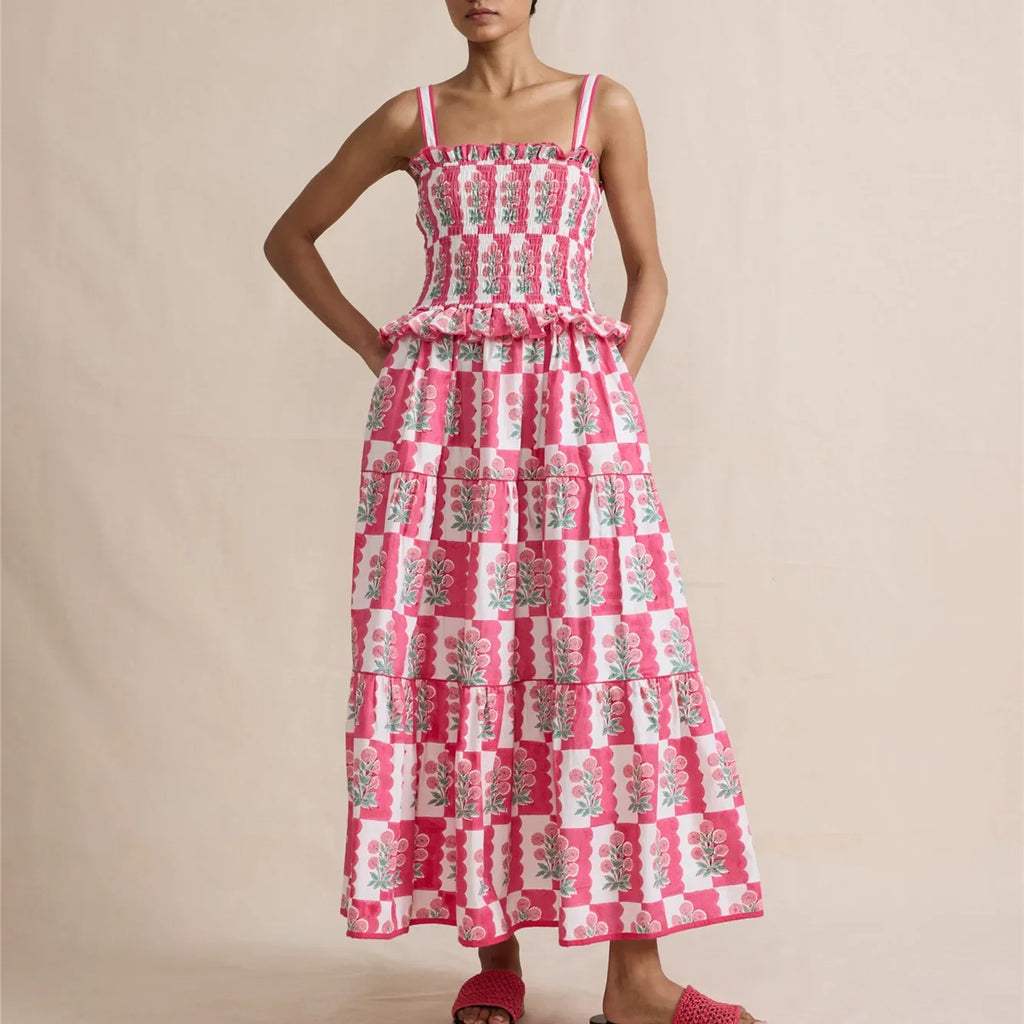 Women's pink floral maxi dress for the summer with adjustable straps