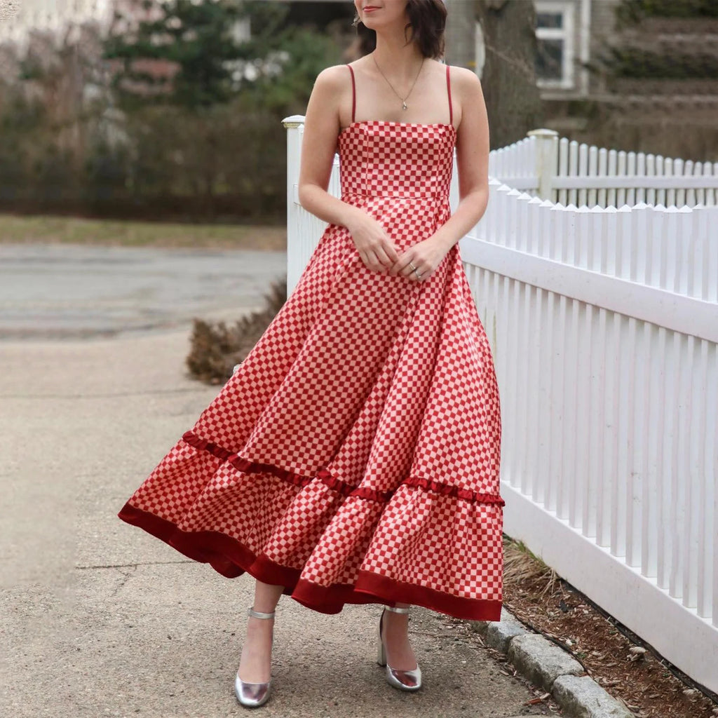 Women's red gingham dress for the summer with tiered ruffles