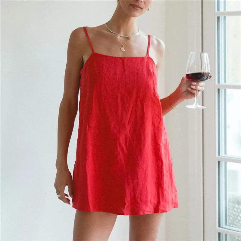 Red linen summer dress for the summer, perfect for casual outings
