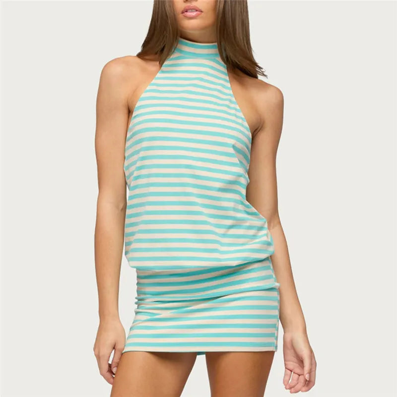 Light blue striped dress for the summer, perfect for beach outings