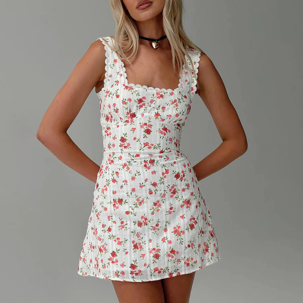 Women's floral mini dress for the summer in white with lace trim