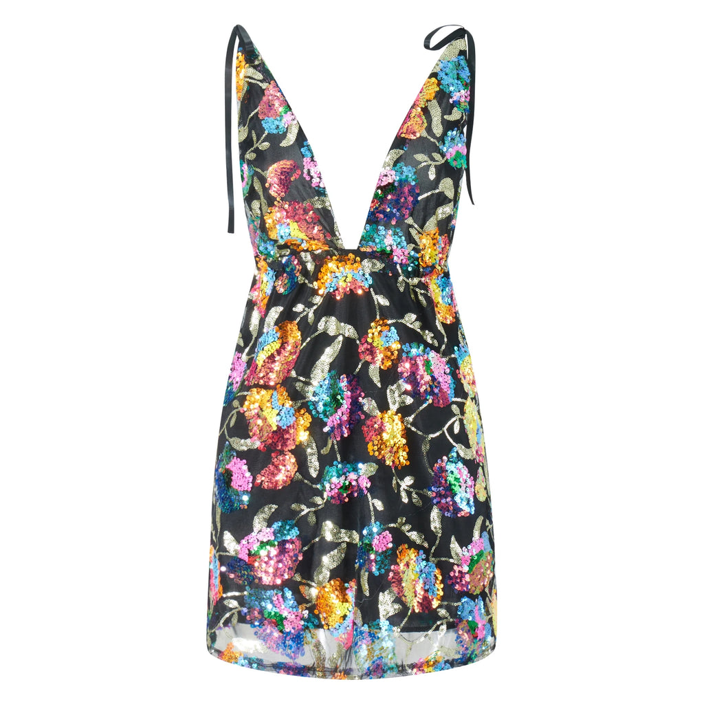 Black floral print dress for wedding party guest with deep V-neck