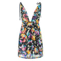 Black floral print dress for wedding party guest with deep V-neck
