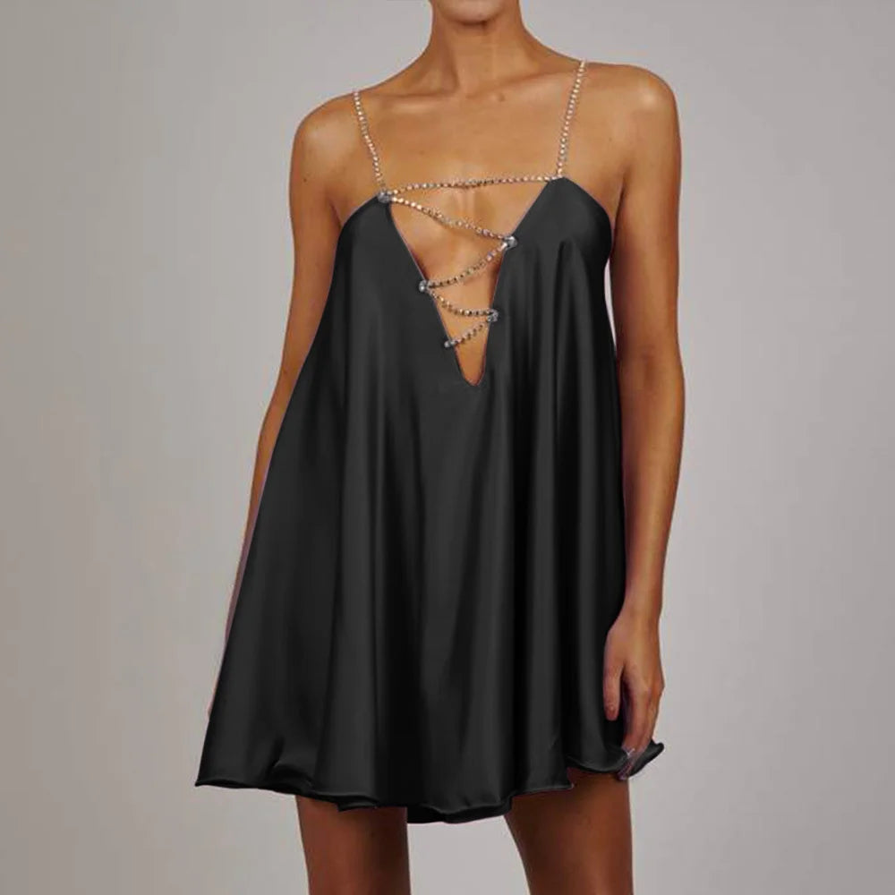 Women's black dress for wedding party guest with elegant bead detailing