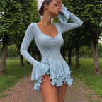 Light blue dress for wedding party guest, long sleeves, soft material