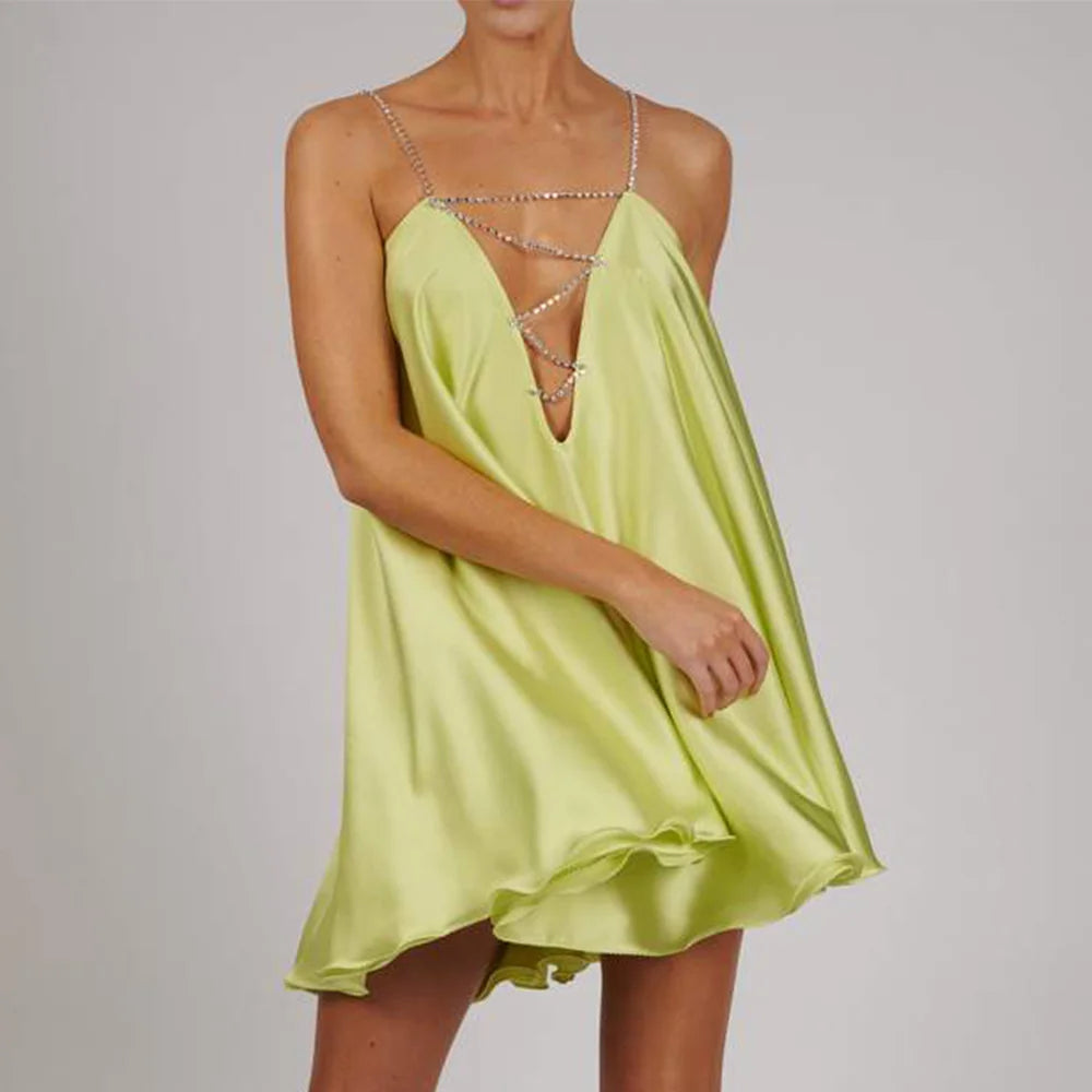 Light green satin dress for wedding party guest with stylish chain straps