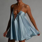 Women's satin blue dress for wedding party guest with sparkling straps