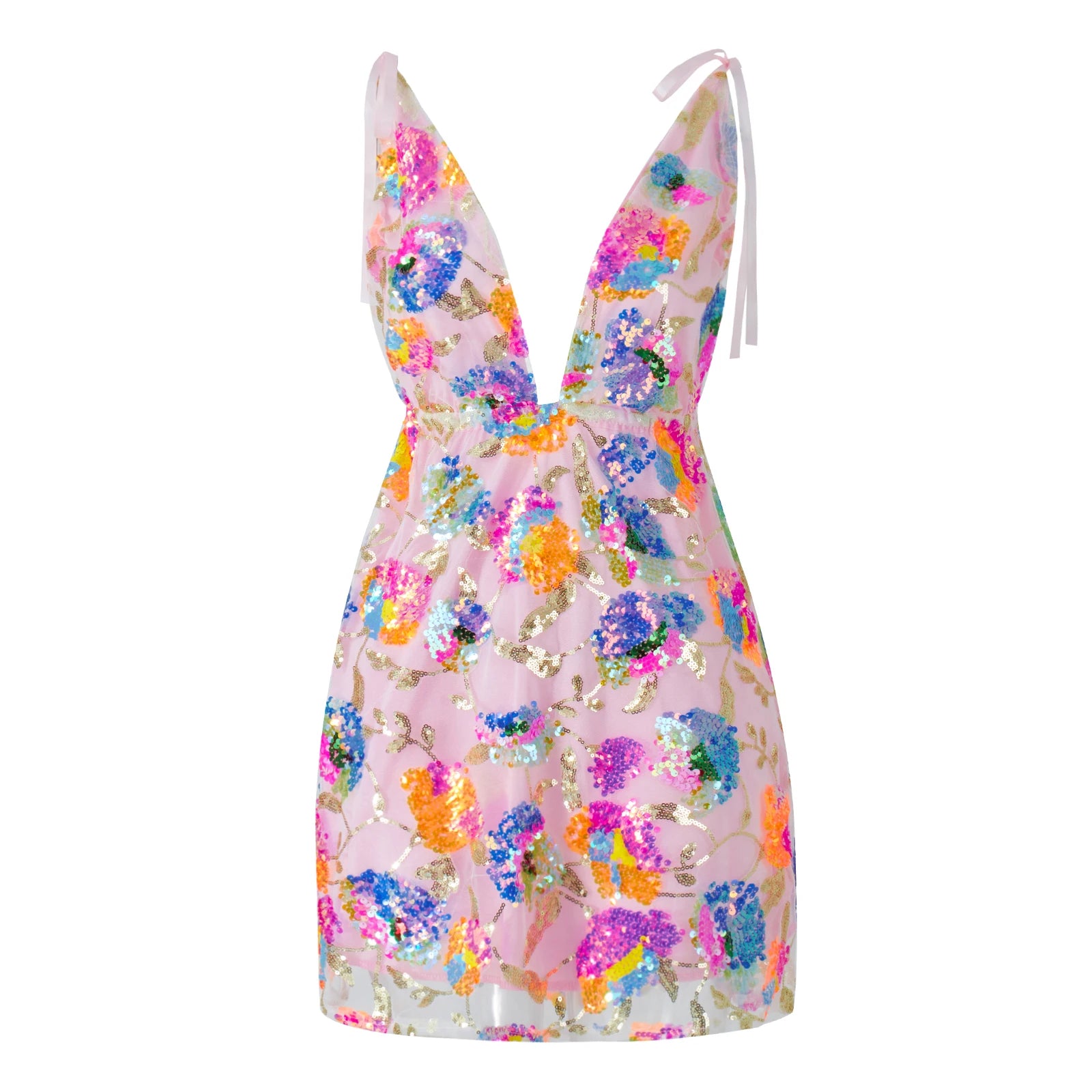 Women's floral sequin dress for wedding party guest, pink color