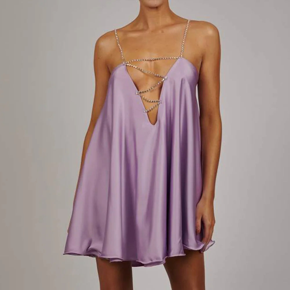 Women's lavender satin dress for wedding party guest with elegant chains