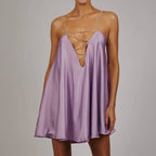Women's lavender satin dress for wedding party guest with elegant chains