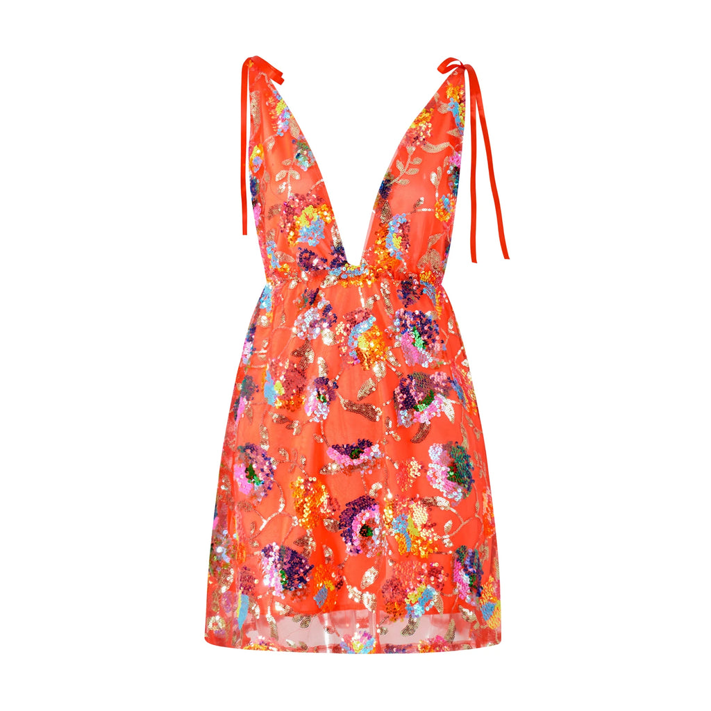 Women's floral dress for wedding party guest, vibrant orange, lightweight material