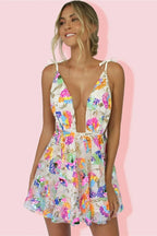 Women's colorful floral dress for wedding party guest with sequin details