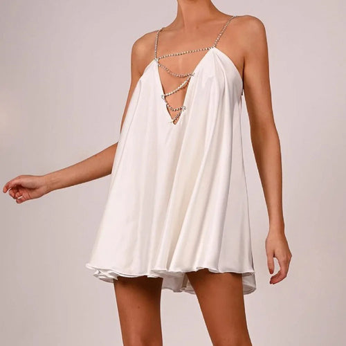 White dress for wedding party guest with elegant chain straps