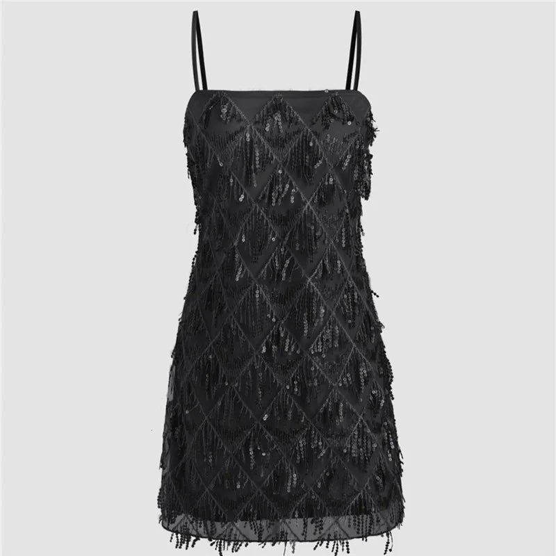Black mini dress with tassel design, perfect for evening parties