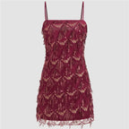 Burgundy mini dress with fringe detail for evening parties