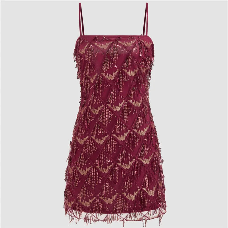Burgundy mini dress with fringe detail for evening parties