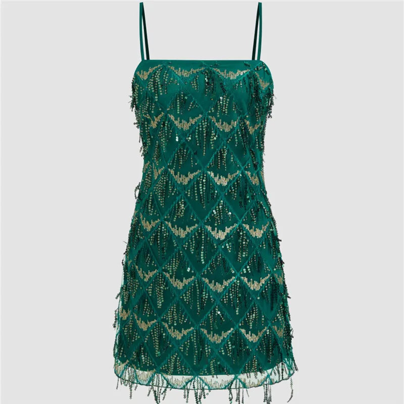 Emerald green mini dress with beaded embellishments for special occasions