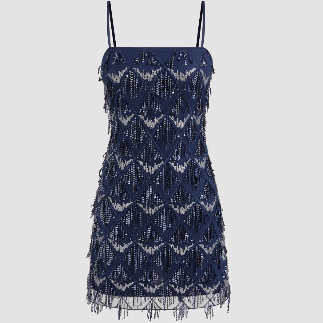 Navy beaded mini dress for stylish parties and evenings out
