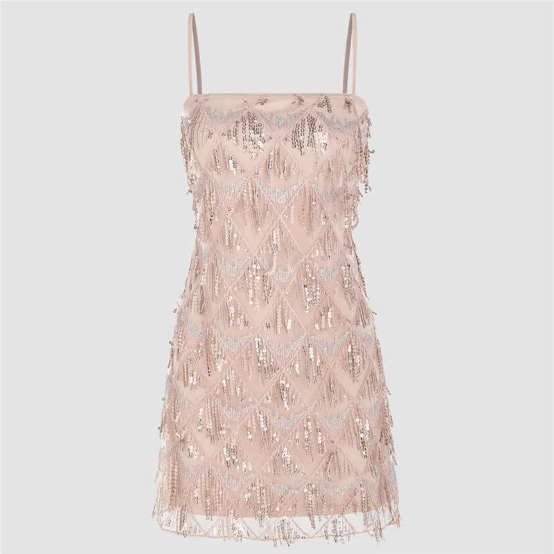 Blush sequin mini dress, perfect for parties and special events
