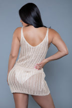 Women's beige crochet mini dress, perfect for beach cover-ups