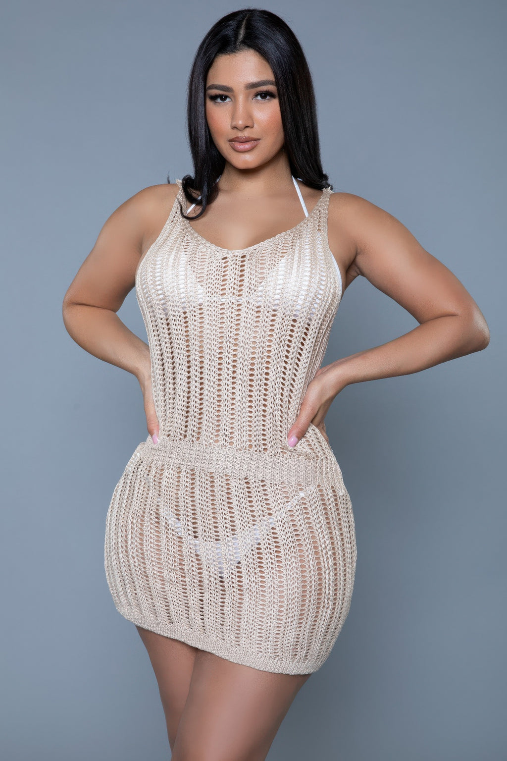 Women's beige crochet mini dress for beach vacations