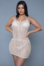 Women's beige crochet mini dress for beach vacations
