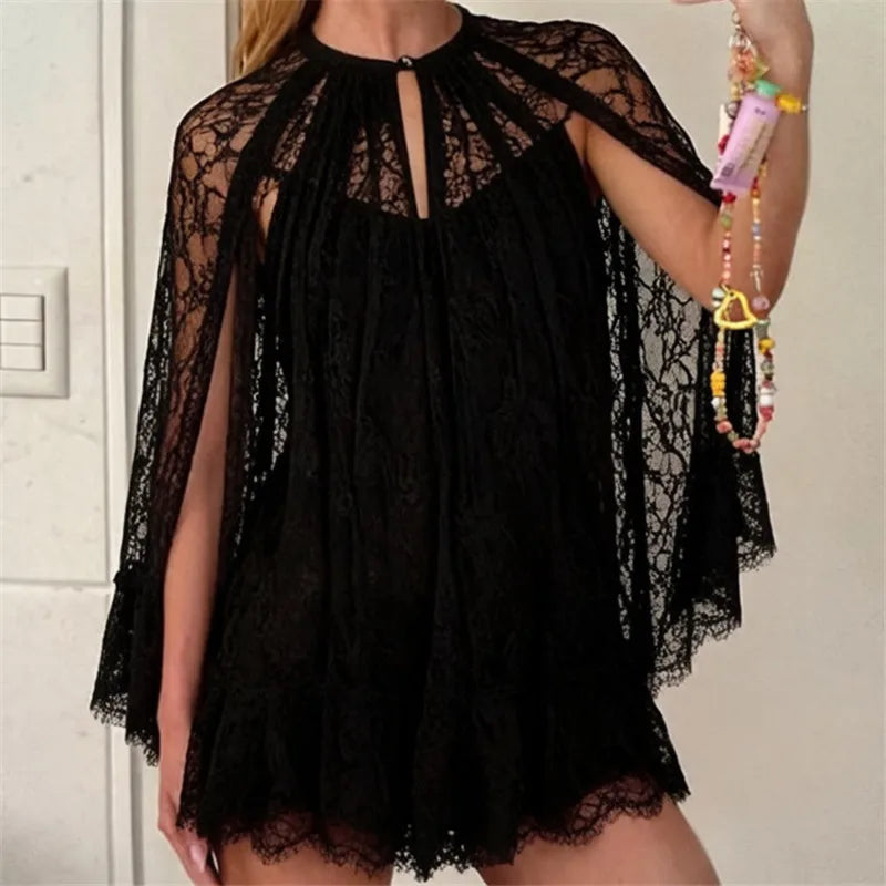 Women's black lace mini dress, perfect for stylish summer outings