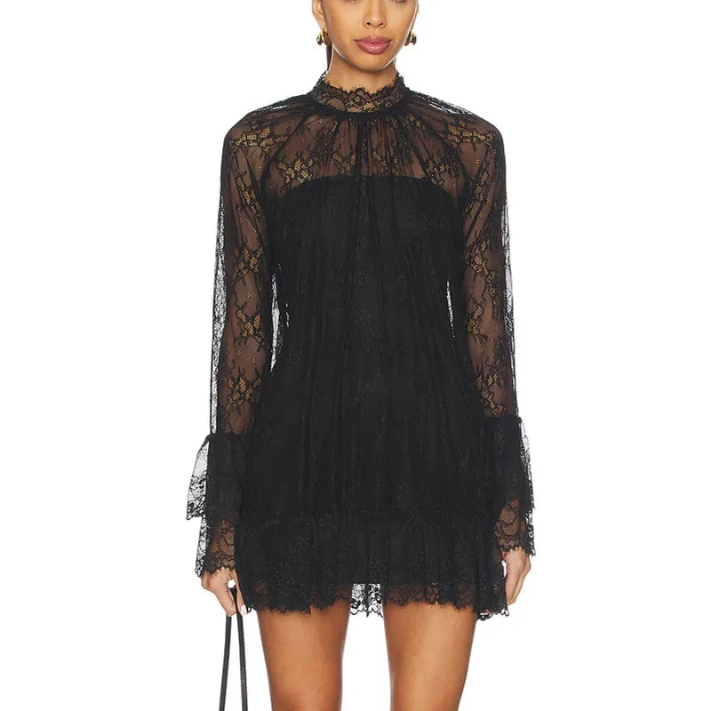 Women's black lace mini dress, perfect for evening outings