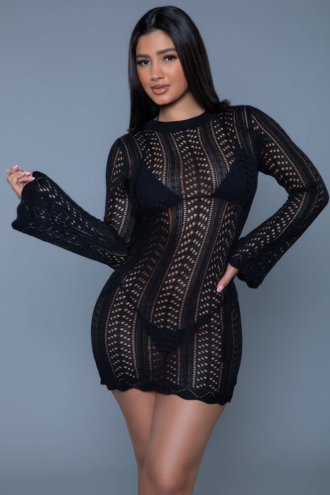 Black Women's Mini Dress, crochet material, perfect for beach cover-up