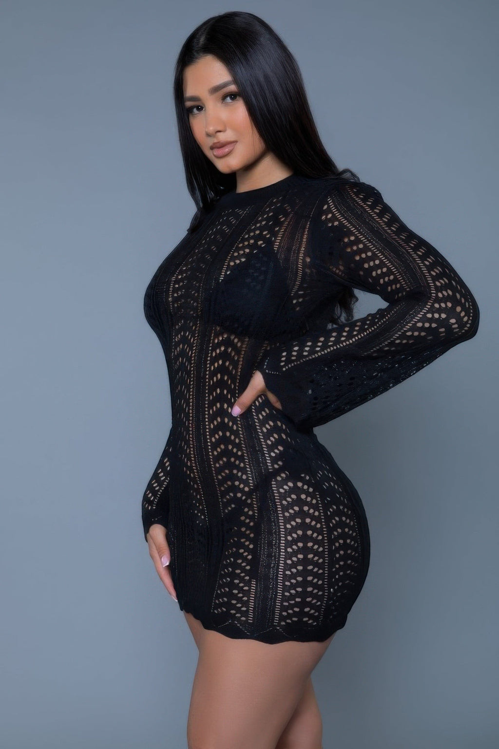 Women's black dress mini dress, crochet design for beach outings