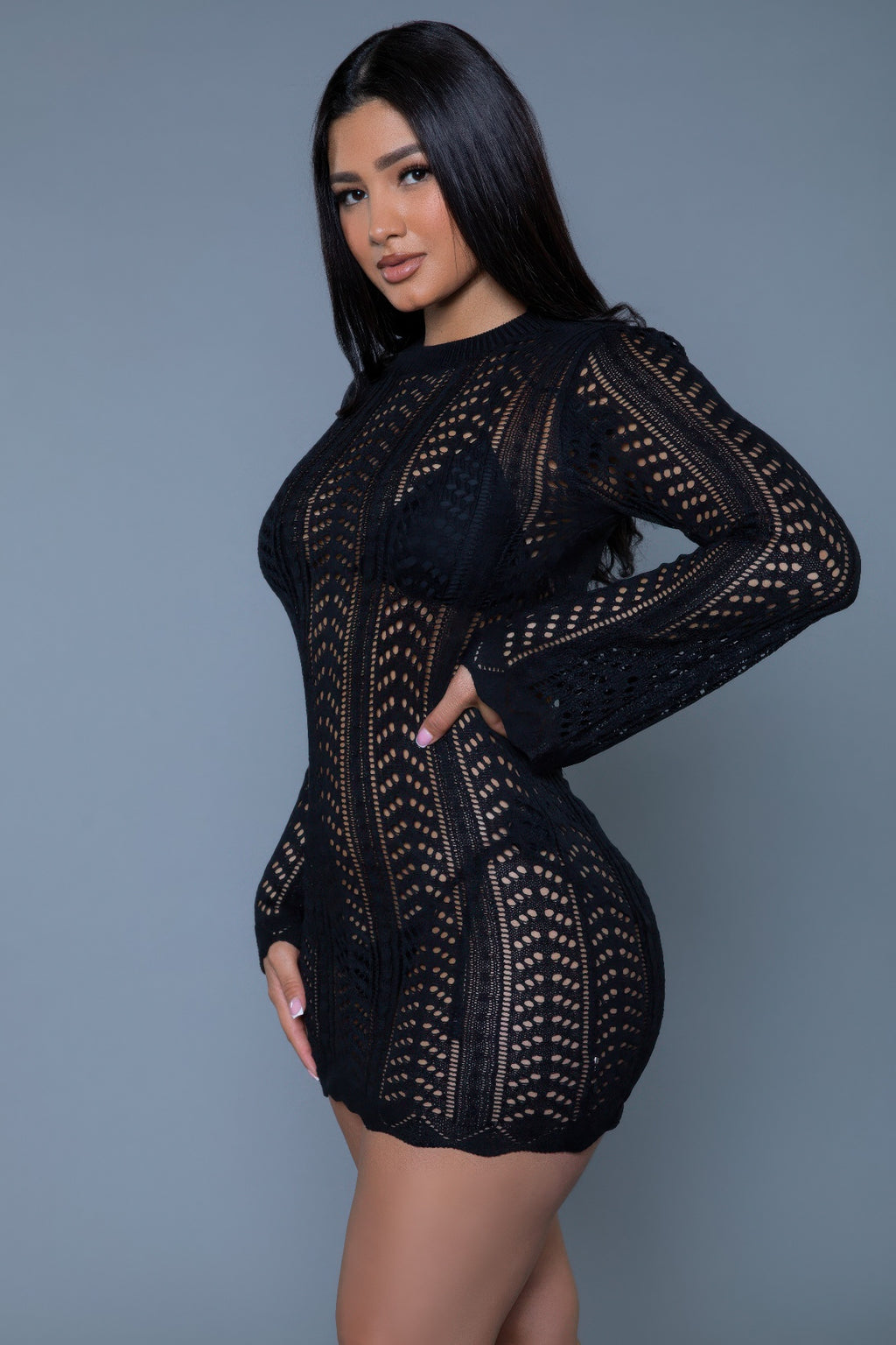 Women's black mini dress, crochet design, perfect for beach outings