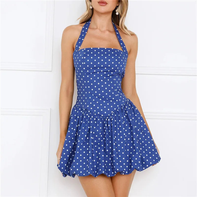 Women's blue polka dot mini dress, perfect for summer outings