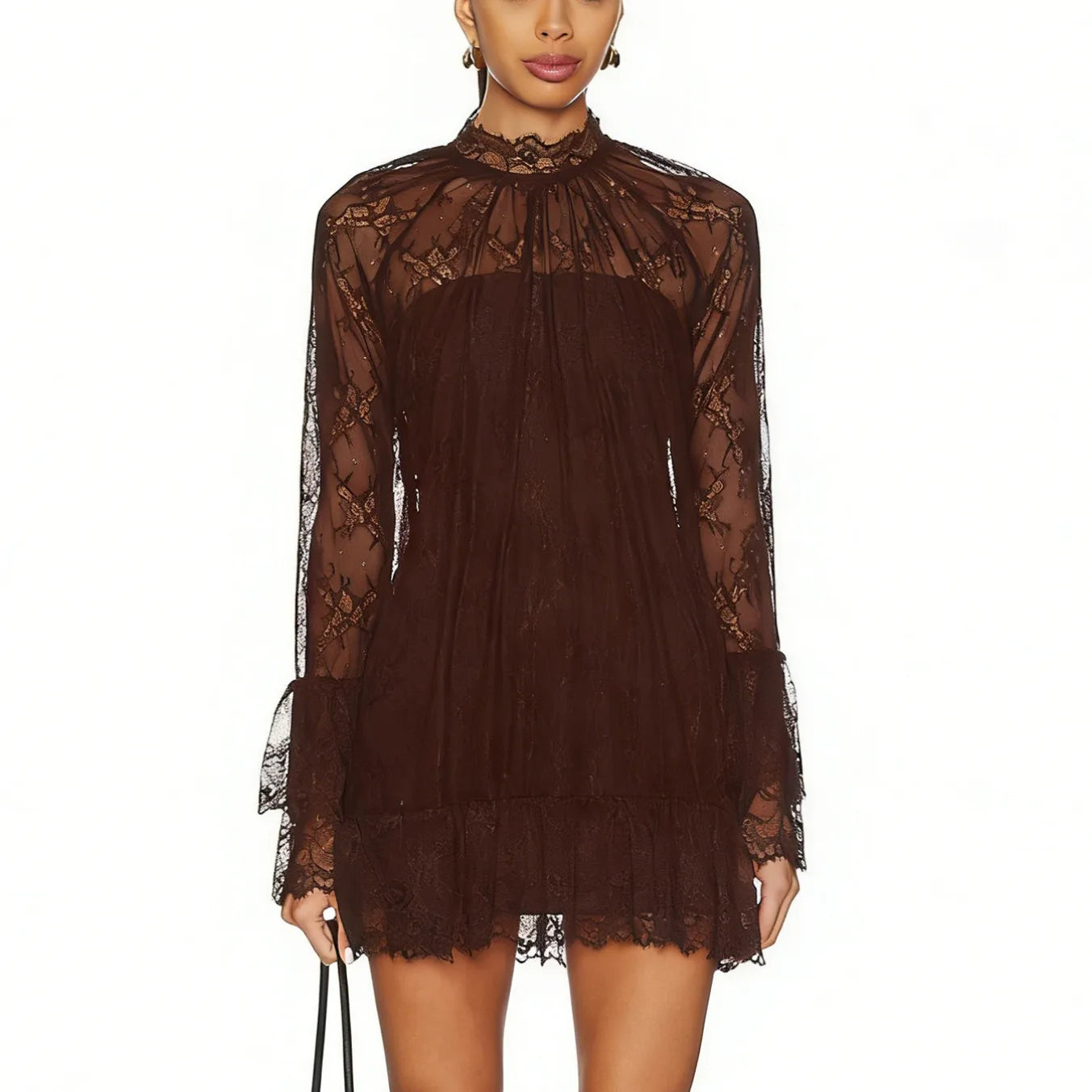 Brown lace mini dress with long sleeves for elegant occasions