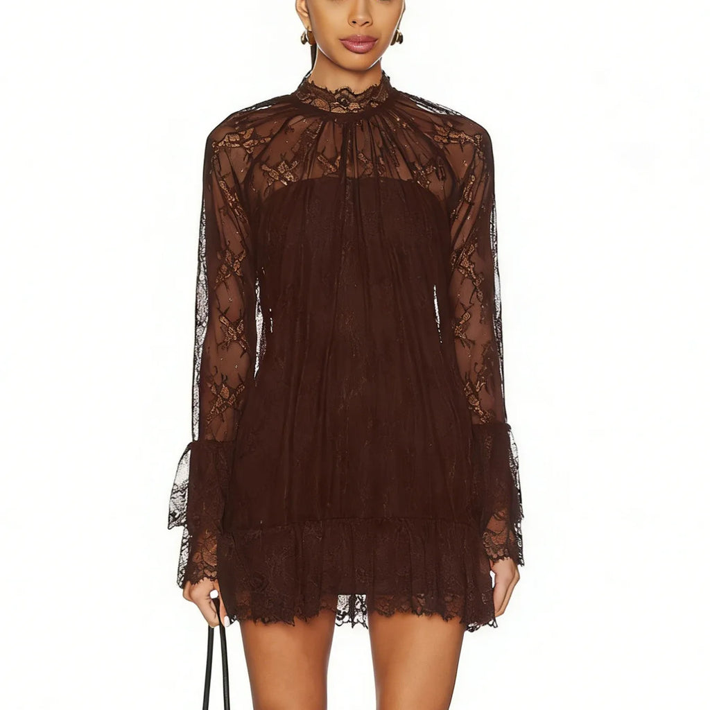 Women's brown lace mini dress, perfect for evening events