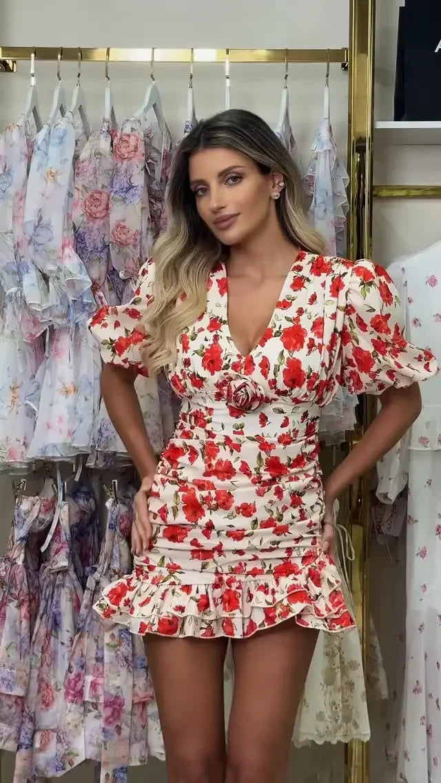 Floral mini dress with puff sleeves for summer outings