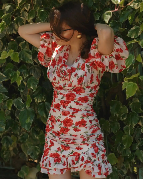 Floral mini dress with puff sleeves, perfect for summer outings