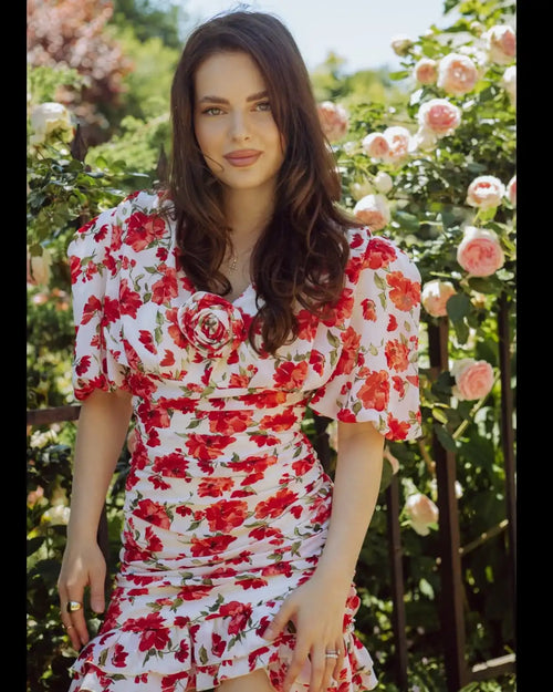 Floral mini dress with puff sleeves, perfect for summer gatherings