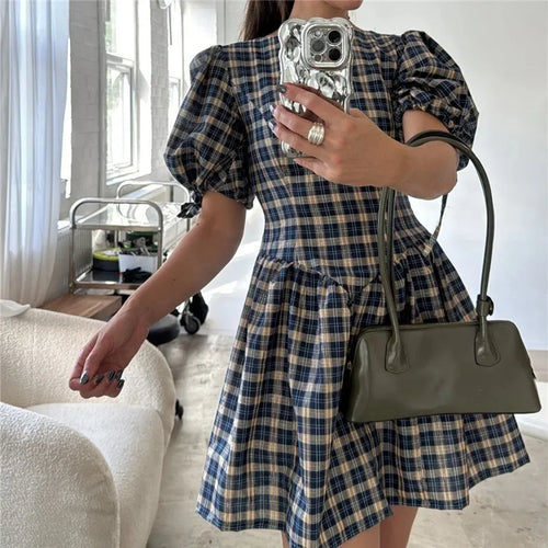 Women's plaid mini dress in blue and green, perfect for casual outings