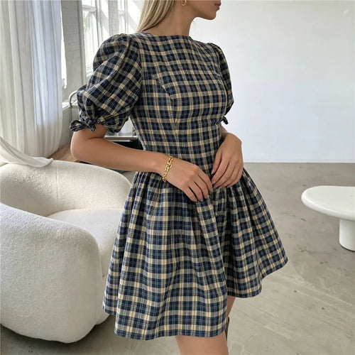 Blue plaid mini dress with puff sleeves for casual outings