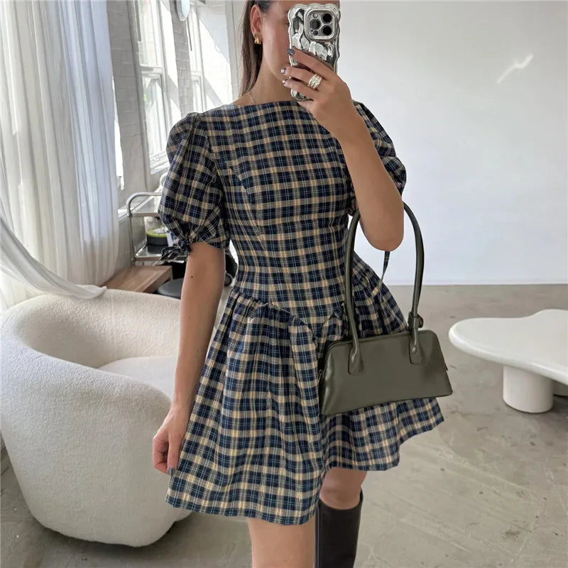Women's plaid mini dress in blue and beige for casual outings