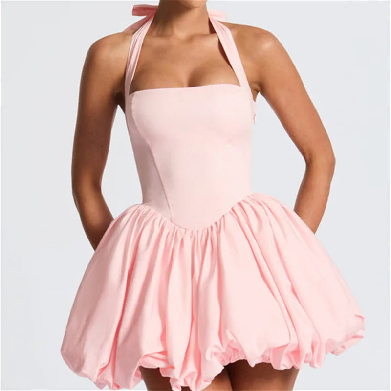 Women's pink mini dress with halter neck for summer outings